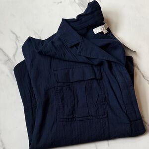 LOFT Deep Blue Textured Blouse with double front pockets and high low hem